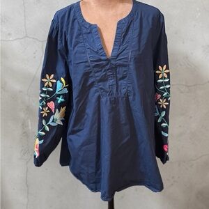 Talbots Navy Embroidered Sleeve Tunic